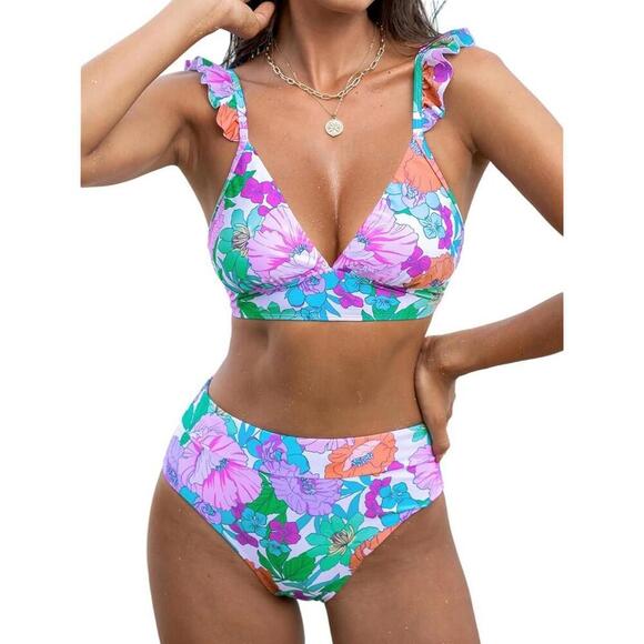 NWT Cupshe High Waisted Bottom Floral Print Ruffle V Neck - Size Large - Picture 1 of 4